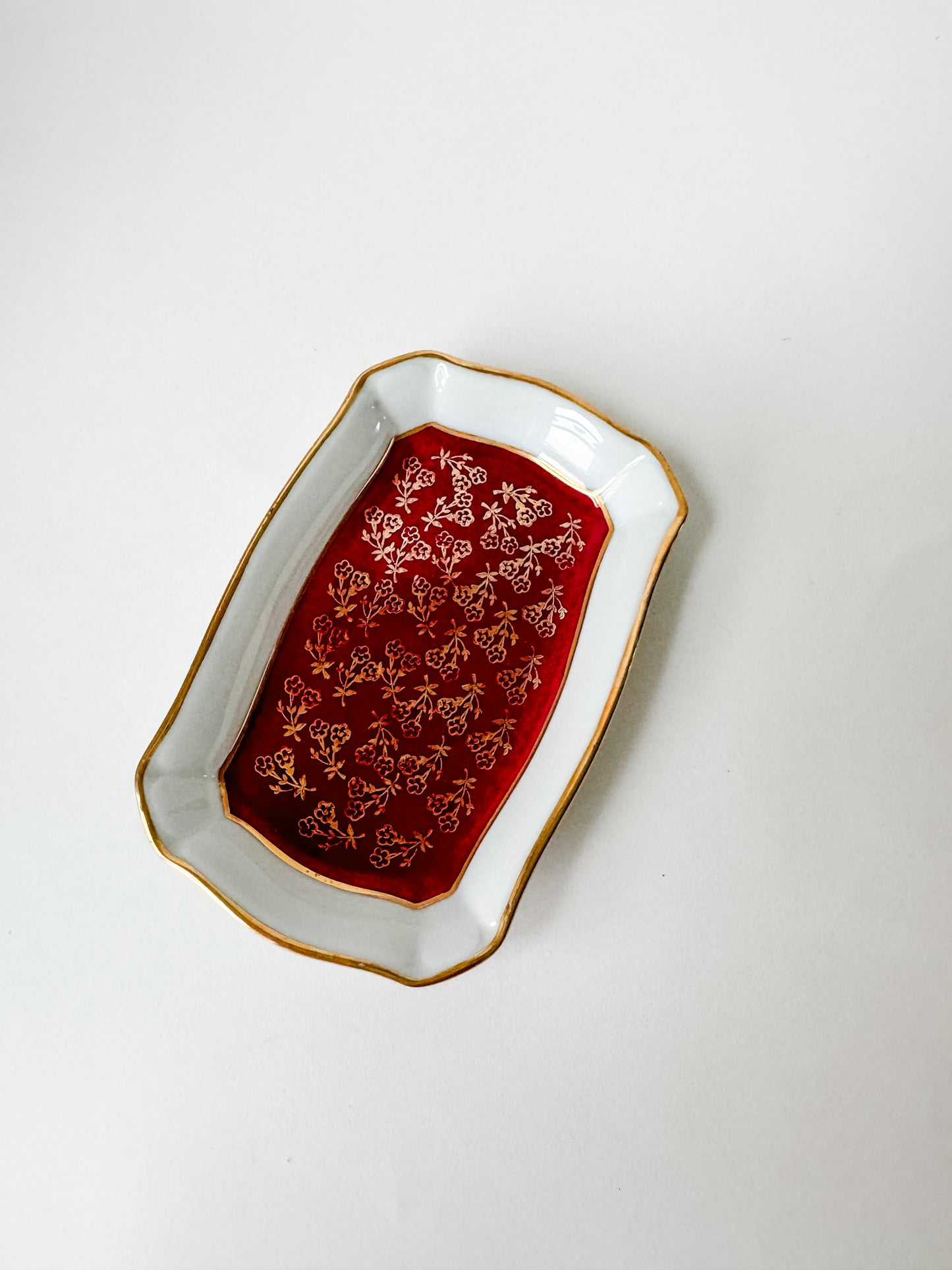 Tiny Dish/Ashtray With Burgundy and Gold Flower Design