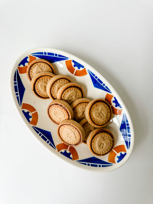 Small Oval French Plate With Modern Blue and Gold Design