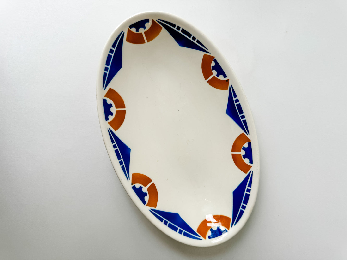 Small Oval French Plate With Modern Blue and Gold Design