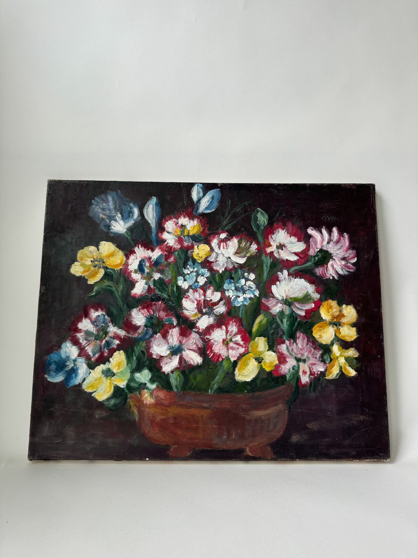 Vintage French Painting of Flowers in a Copper Pot