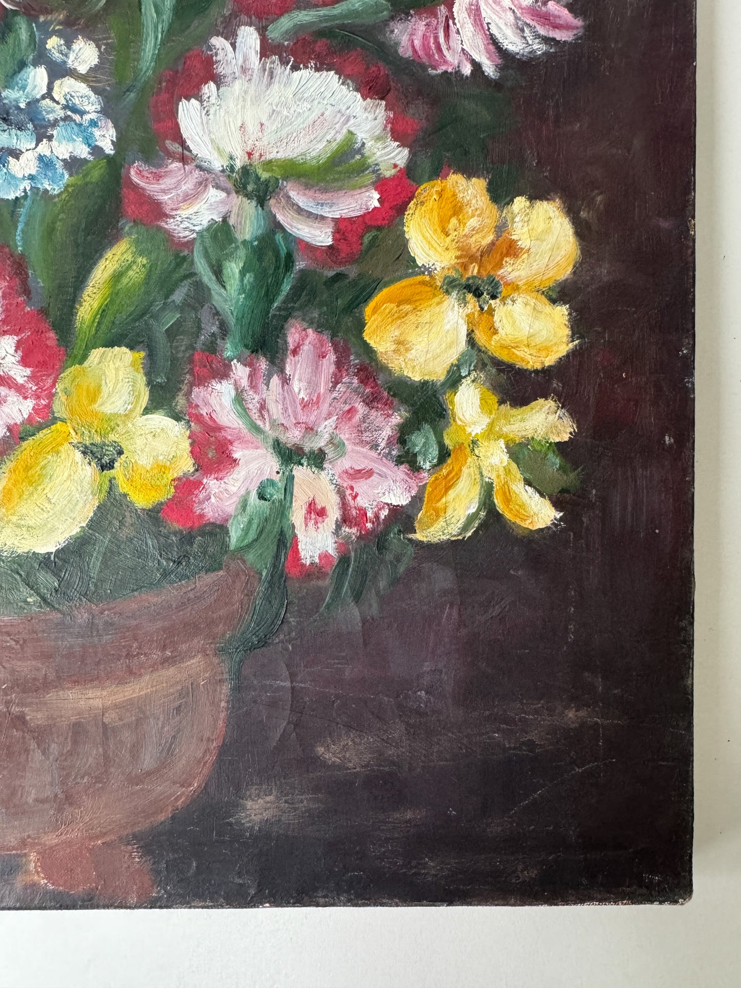 Vintage French Painting of Flowers in a Copper Pot