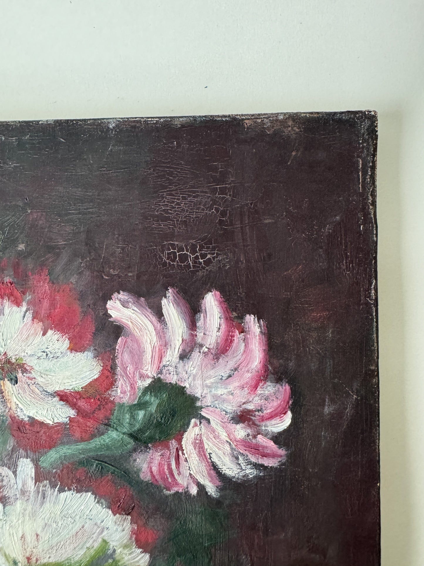 Vintage French Painting of Flowers in a Copper Pot