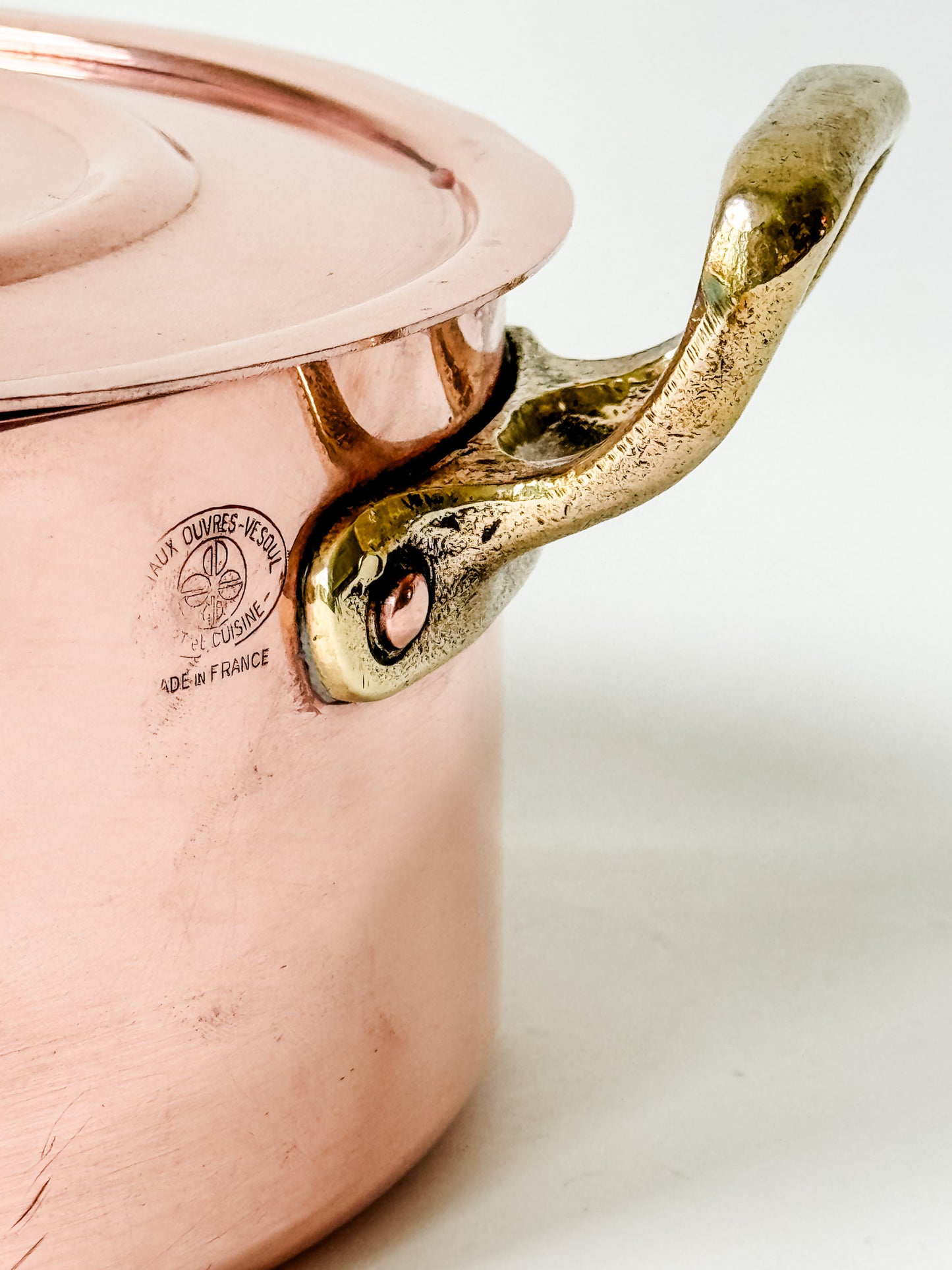 Small Round Copper Casserole Pan With Brass Handles and Flat Lid