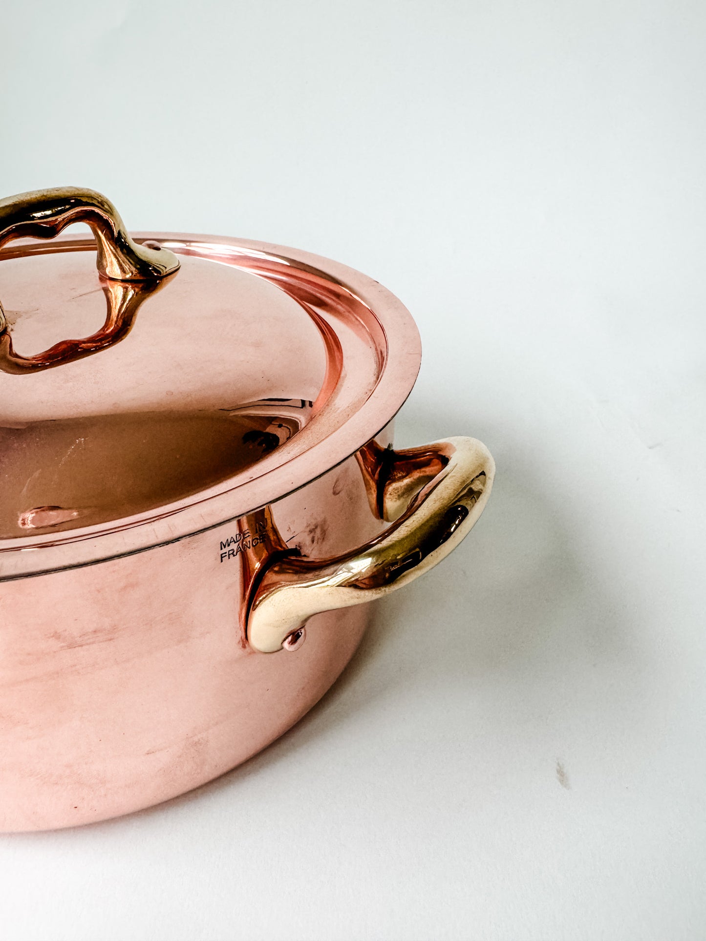 Small Round Copper Casserole Pan With Brass Handles and Rounded Lid