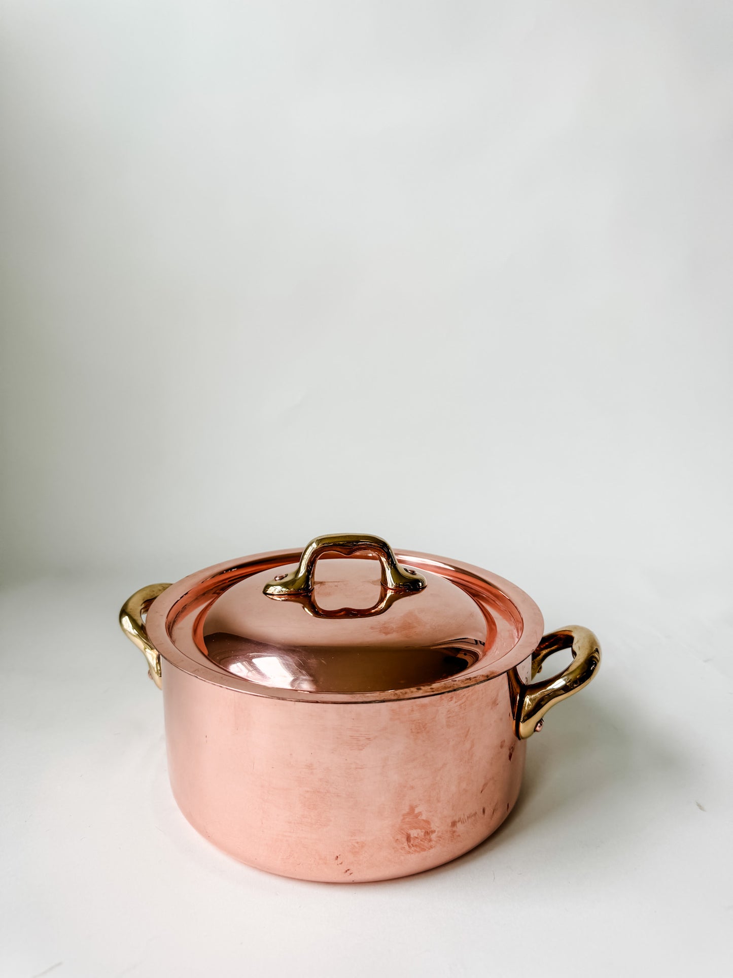 Small Round Copper Casserole Pan With Brass Handles and Rounded Lid