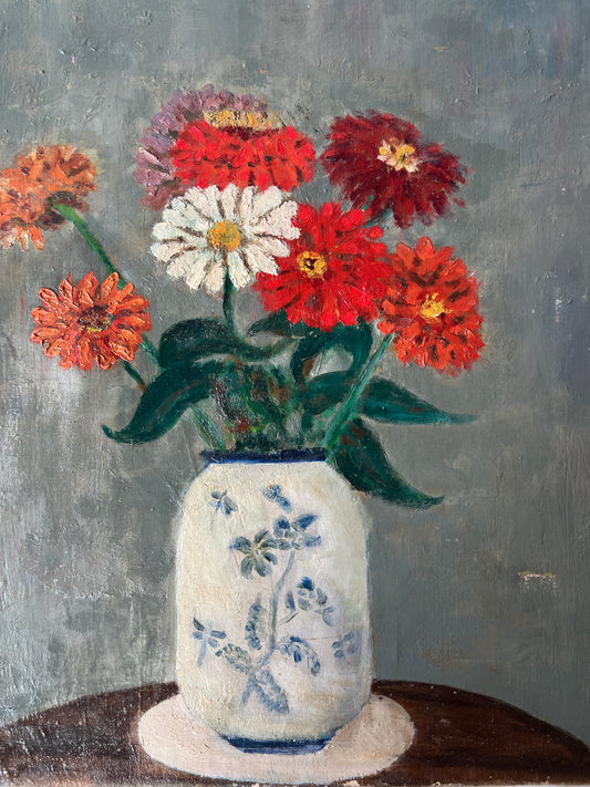 Vintage French Zinnia Painting