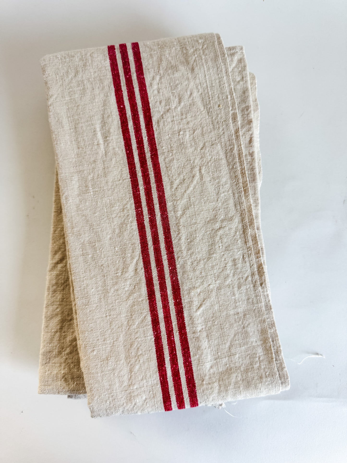 Vintage French Tea Towels - Cream With 3 Thick Red Stripes (sold individually)
