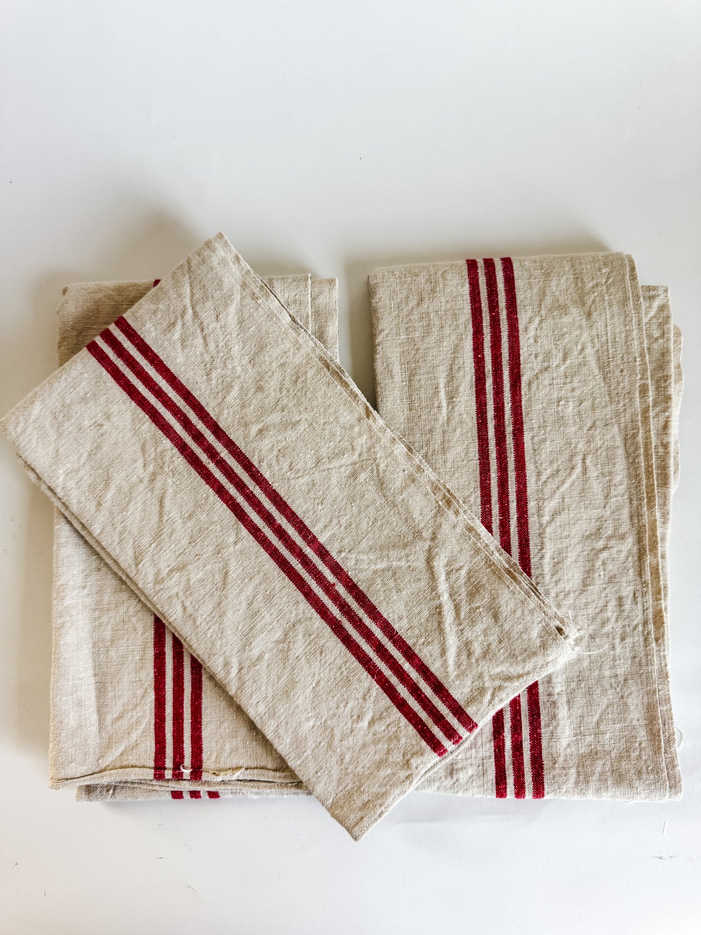 Vintage French Tea Towels - Cream With 3 Thick Red Stripes (sold individually)