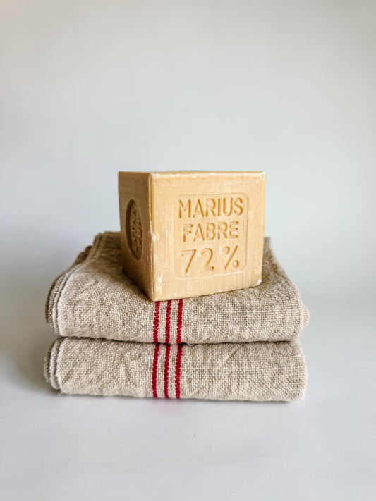 Vintage French Linen Tea Towels - Cream with 3 Thin Red Stripes (sold individually)