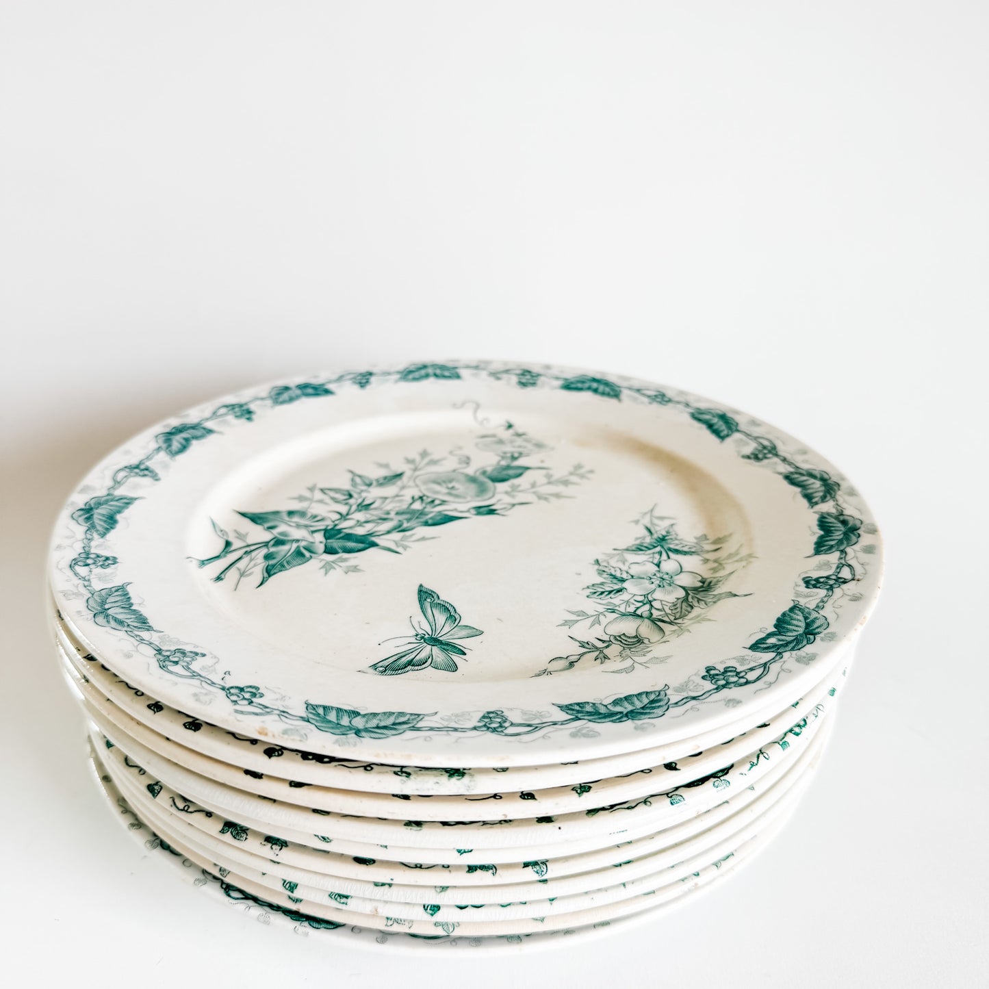 Vintage French Green Tranferware Plates (sets of 2 and 4)