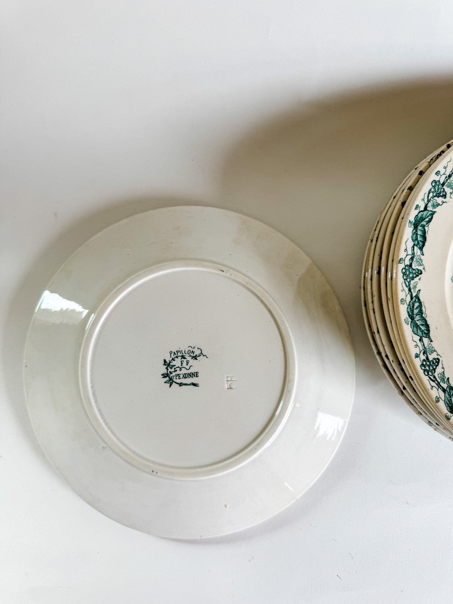 Vintage French Green Tranferware Plates (sets of 2 and 4)