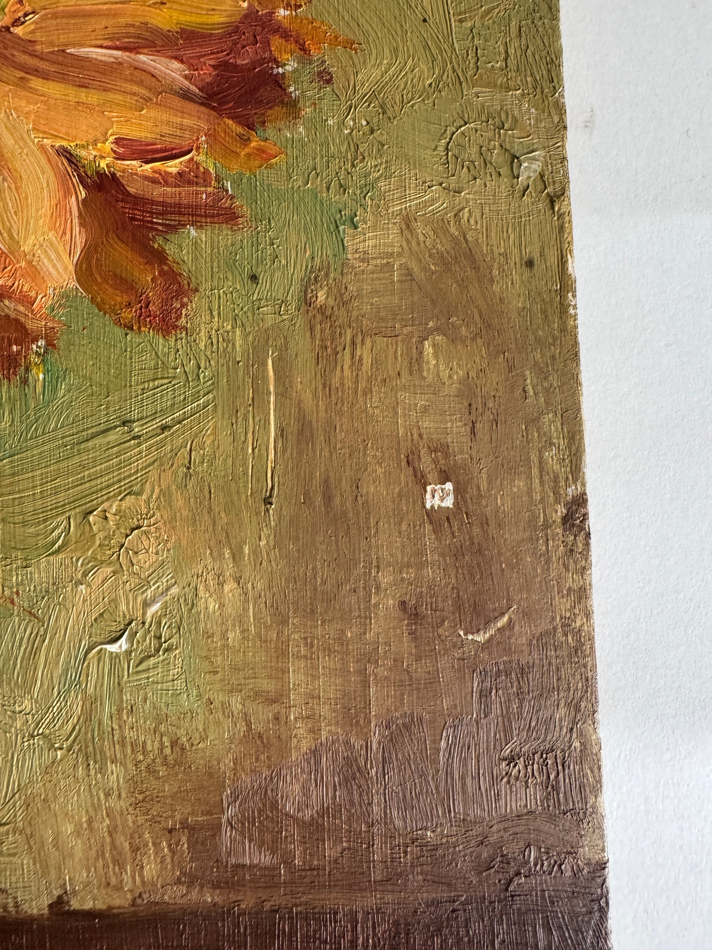 Vintage French Oil Panting of Dahlias in a Brown Vase