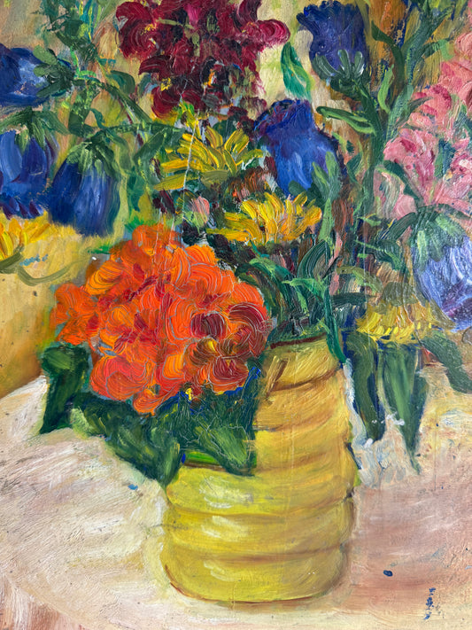 Vintage French Oil Painting of Flowers in Yellow Vase