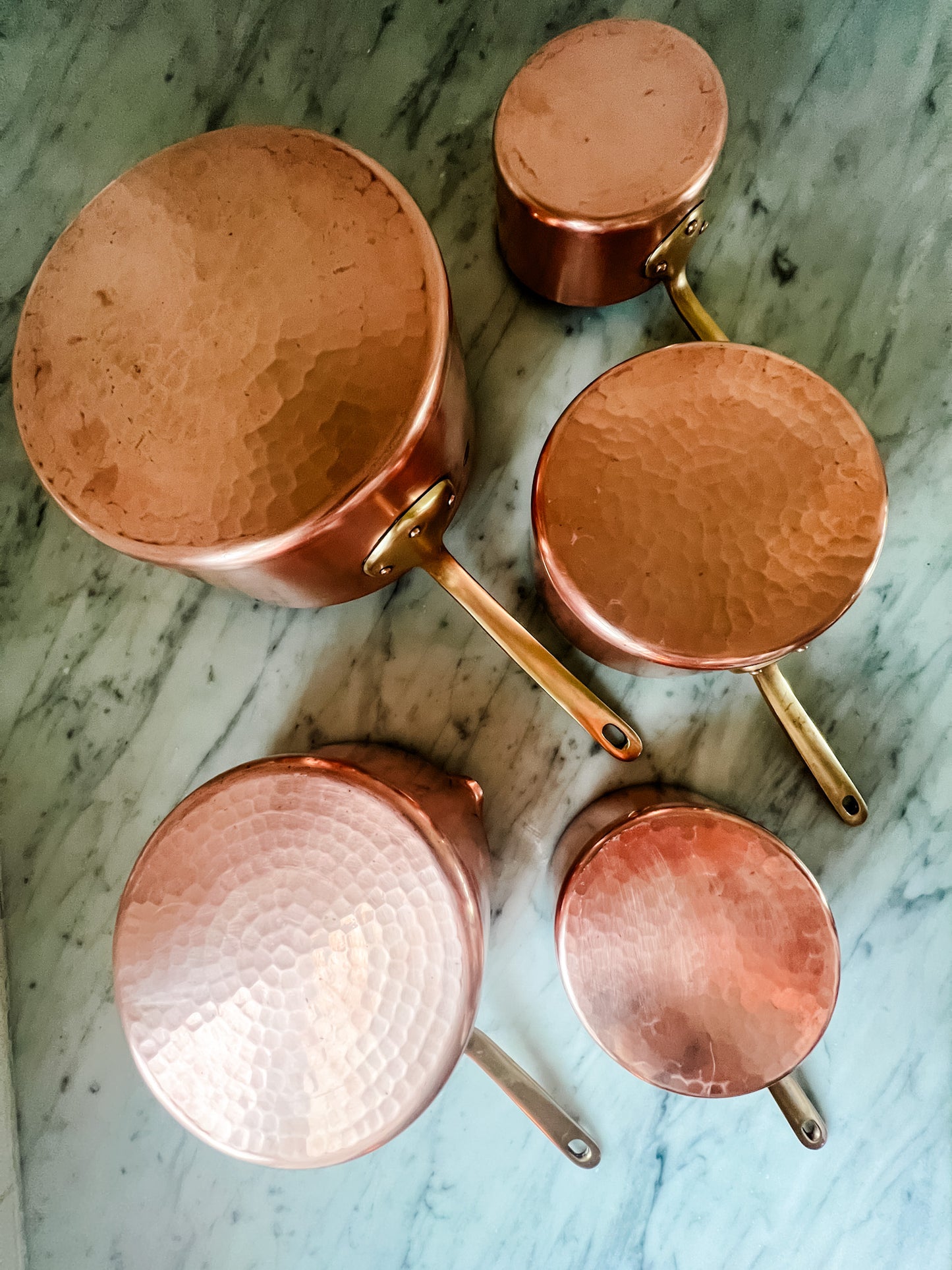 Vintage French Copper Pots Set of 5 (stamped Havard - Pour Pans with hammered bottoms)