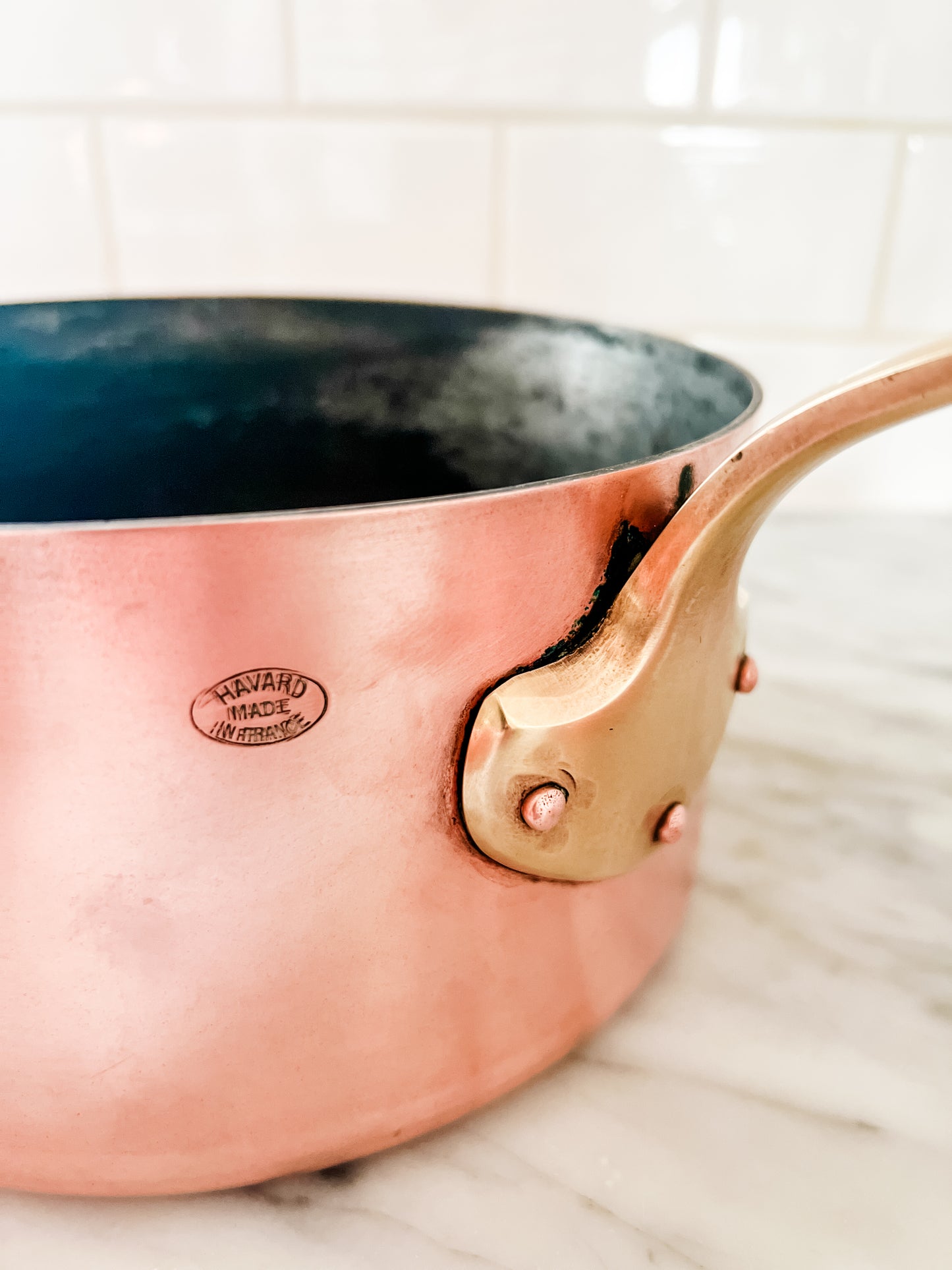 Vintage French Copper Pots Set of 5 (stamped Havard - Pour Pans with hammered bottoms)